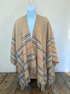 Camel Plaid Fringe Open Poncho Wrap Shawl Cape 100% Acrylic Womens One Size